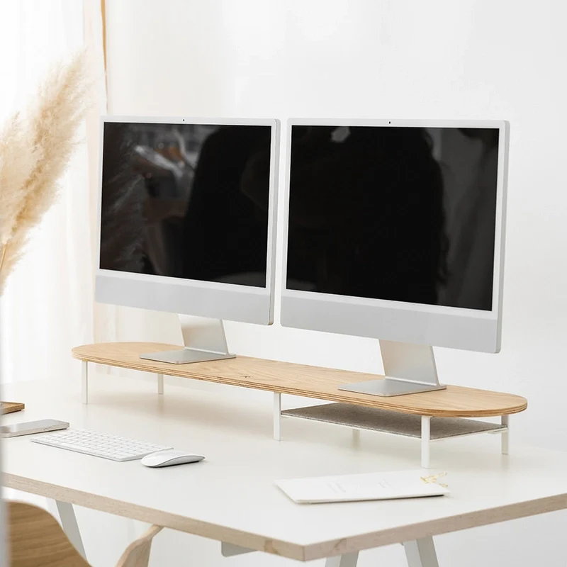 Laptop Stand + Dual Monitor Stand avec étagère Chêne