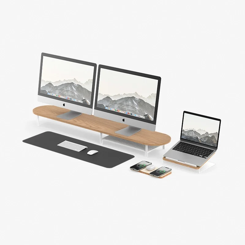 Laptop Stand + Dual Monitor Stand + Multipad + Desk Mat chêne