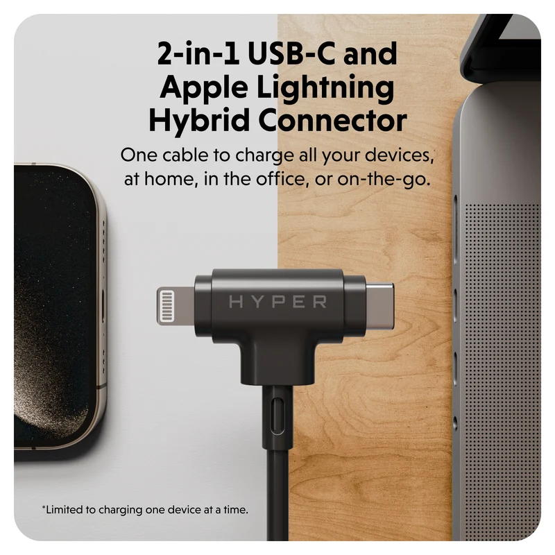 HyperJuice Câble hybride USB-C et Lightning en silicone (1,5 m) - Noir