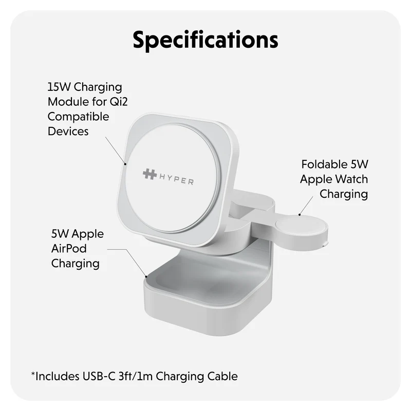 Support de charge magnétique HyperJuice Qi2 3-en-1