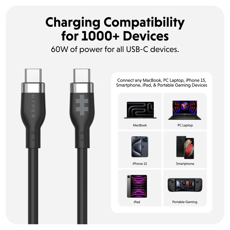 HyperJuice Câble de charge USB-C en silicone (1,5 m) - Noir