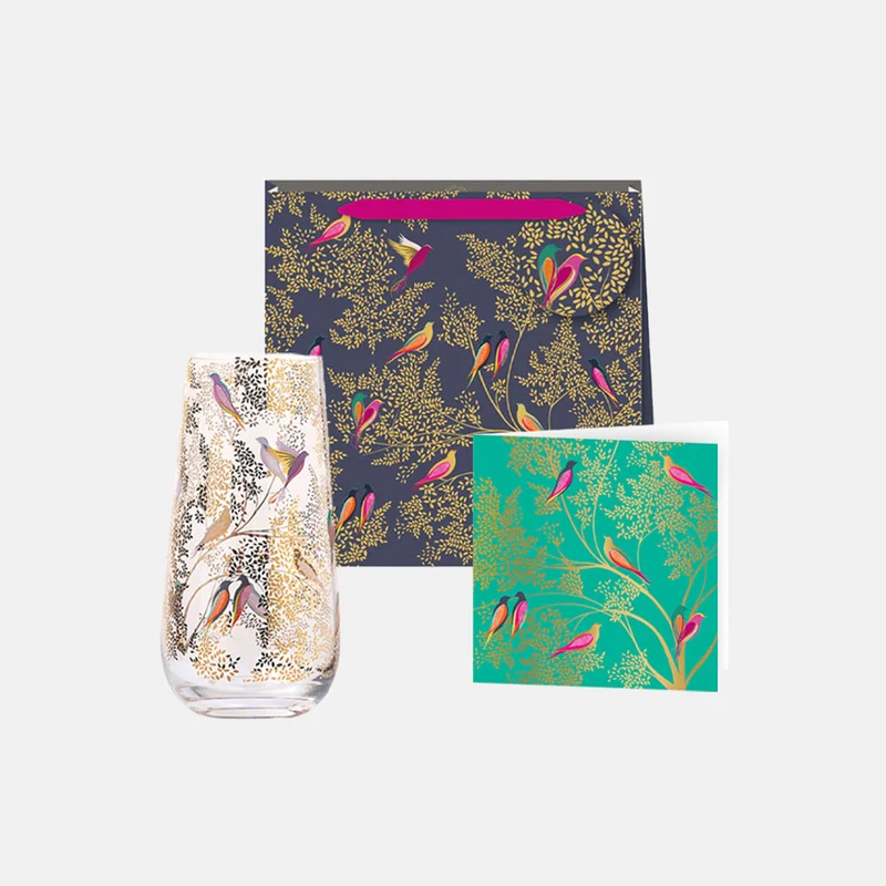 Gold Leaves & Birds Medium Glass Vase Gifting Set (worth £50)