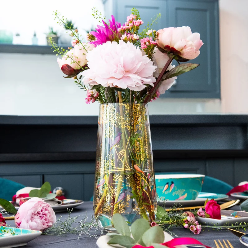 Gold Leaves & Birds Medium Glass Vase Gifting Set (worth £50)