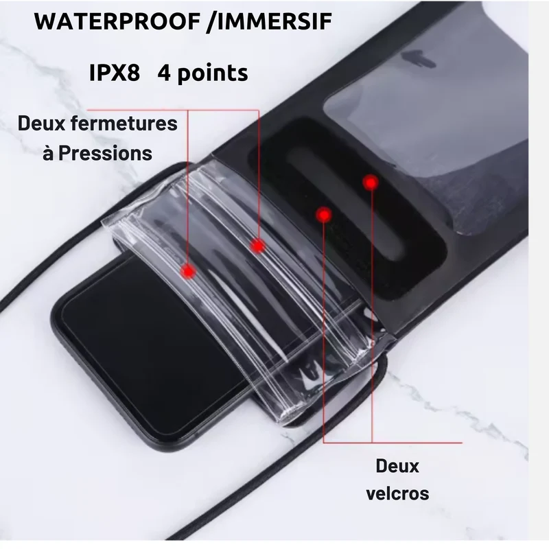 Pochette Étanche téléphone et clef- IPX8 waterproof 30 m – TPU Haute Résistance, Tactile & Photo – Tour de Cou / Bandoulière Réglable