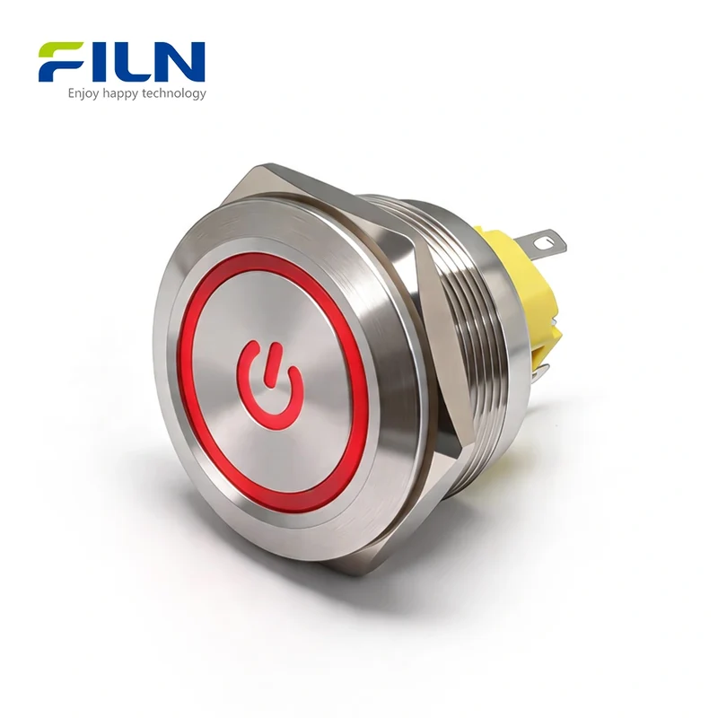 LED Light Push Button Switch 30mm Stainless Steel Power Symbol Momentary/Latching FILN