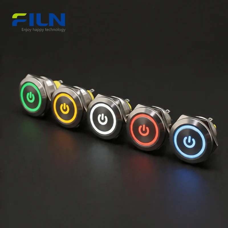 LED Light Push Button Switch 30mm Stainless Steel Power Symbol Momentary/Latching FILN