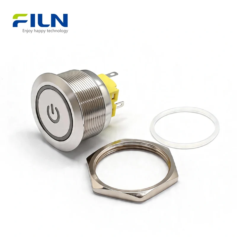 LED Light Push Button Switch 30mm Stainless Steel Power Symbol Momentary/Latching FILN