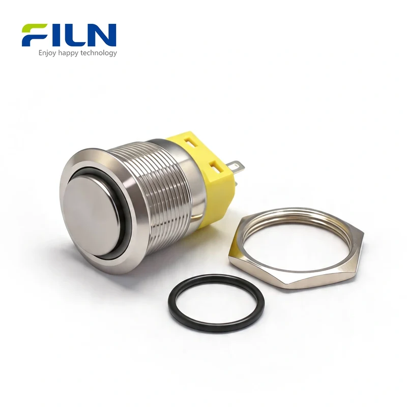 Push Button 12 Volt Switches 22mm Stainless Steel 5-Pin High Head with LED Ring FILN