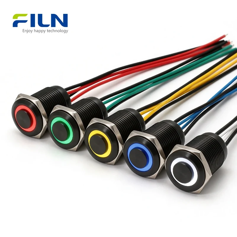 Metal Ring LED Push-Button Switch 12V-220V 4-Pin Pre-wired Waterproof IP65 Stainless Steel Momentary/Latching FILN