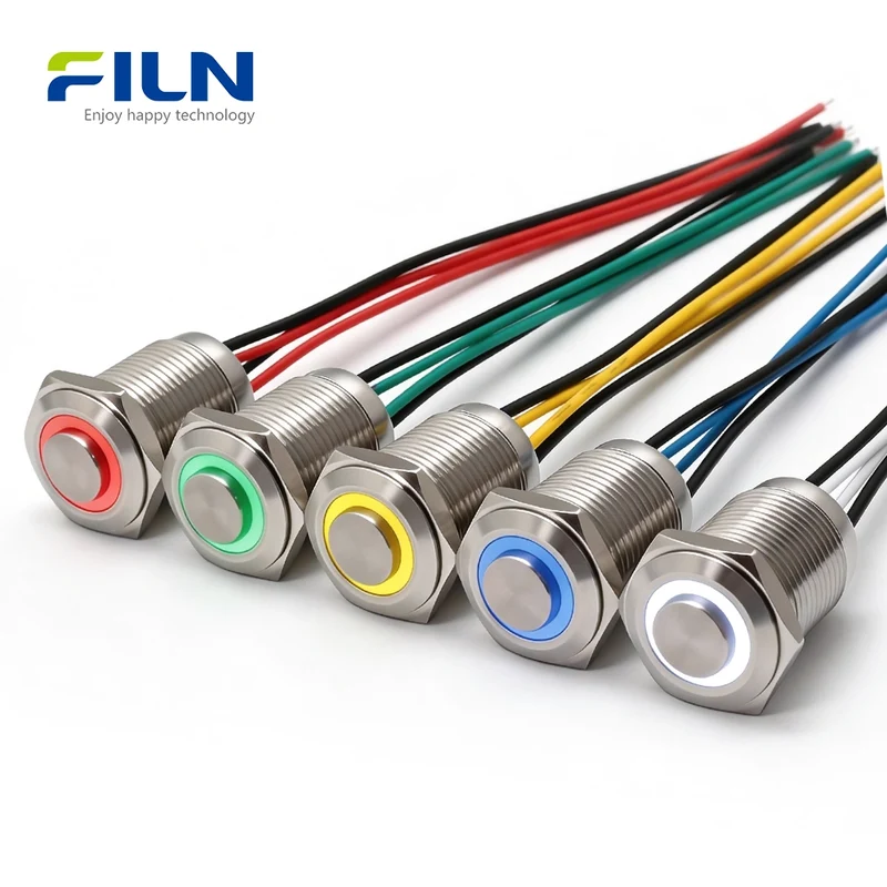 Metal Ring LED Push-Button Switch 12V-220V 4-Pin Pre-wired Waterproof IP65 Stainless Steel Momentary/Latching FILN
