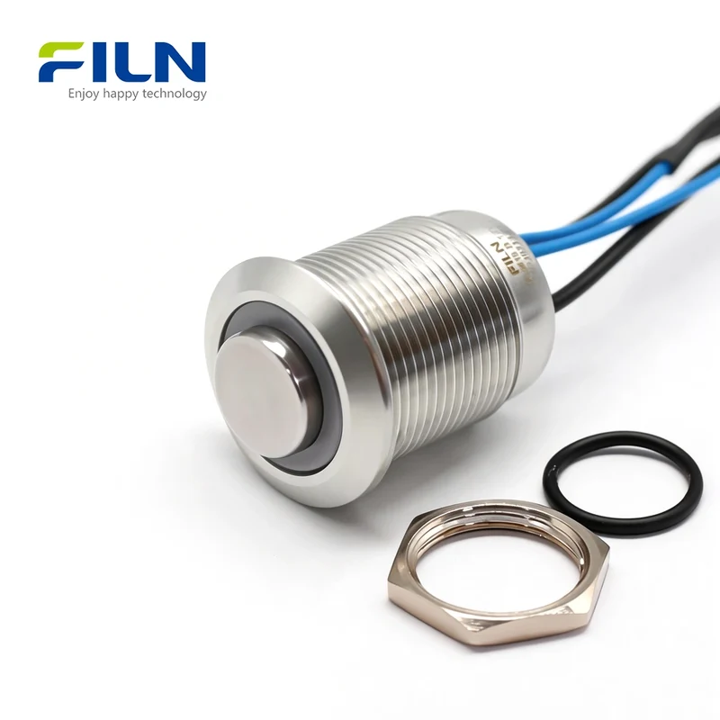 Metal Ring LED Push-Button Switch 12V-220V 4-Pin Pre-wired Waterproof IP65 Stainless Steel Momentary/Latching FILN