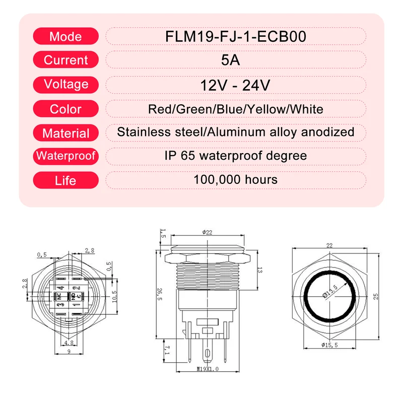 FILN Twin Metal Symbol Push Button Switches with 12V LED Light, Momentary/Latching Option, and 185 Symbol Options Available