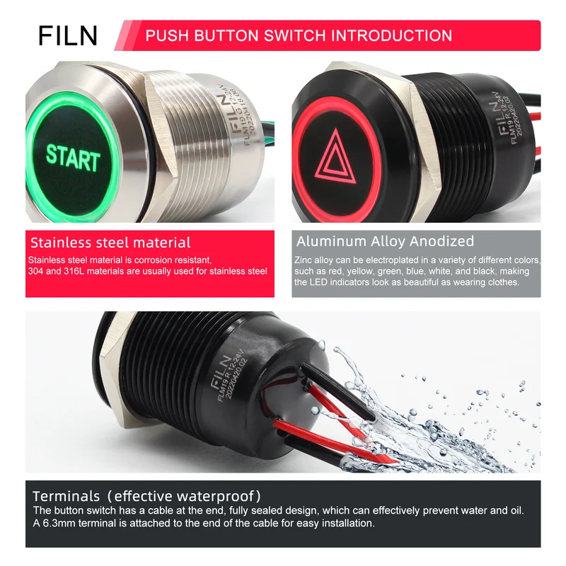 FILN Metal Push Button Switches for for Automotive Boat Marine Truck Car Switch 2Pcs 19MM 3/4" in Red Green Yellow Blue White 12V 24V LED IP67 Waterproof with Momentary or Latching