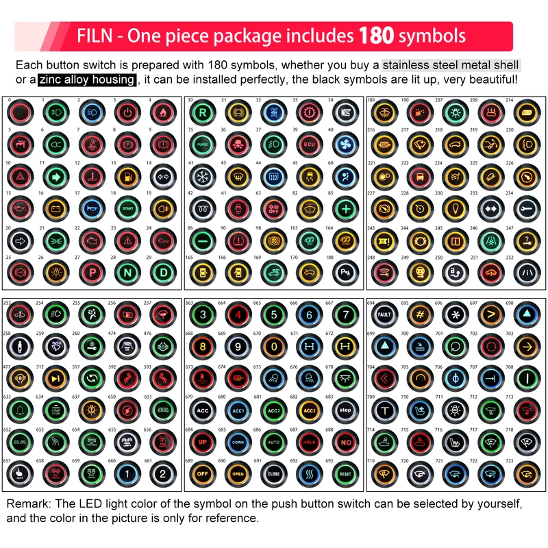 FILN Metal Push Button Switches for for Automotive Boat Marine Truck Car Switch 2Pcs 19MM 3/4" in Red Green Yellow Blue White 12V 24V LED IP67 Waterproof with Momentary or Latching