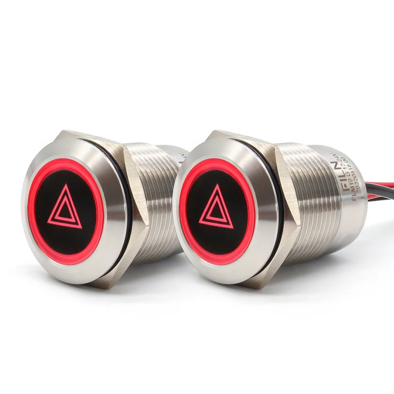 FILN Metal Push Button Switches for for Automotive Boat Marine Truck Car Switch 2Pcs 19MM 3/4" in Red Green Yellow Blue White 12V 24V LED IP67 Waterproof with Momentary or Latching