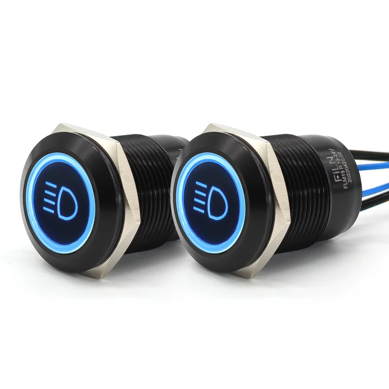 FILN Metal Push Button Switches for for Automotive Boat Marine Truck Car Switch 2Pcs 19MM 3/4" in Red Green Yellow Blue White 12V 24V LED IP67 Waterproof with Momentary or Latching