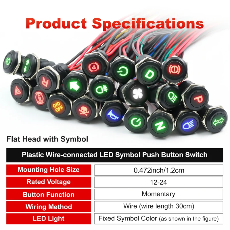 New 12MM Red Custom 12V Push Button Switches