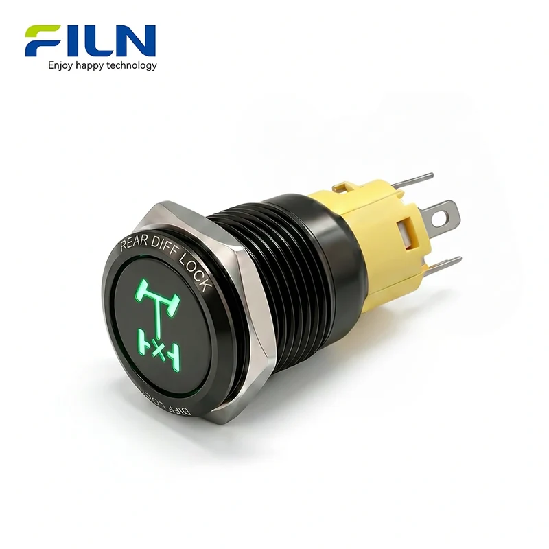 Custom Push Button Diff Lock Symbol Latching 12V 16mm Metal Wire Harness Panel Mount Automotive Marine FILN