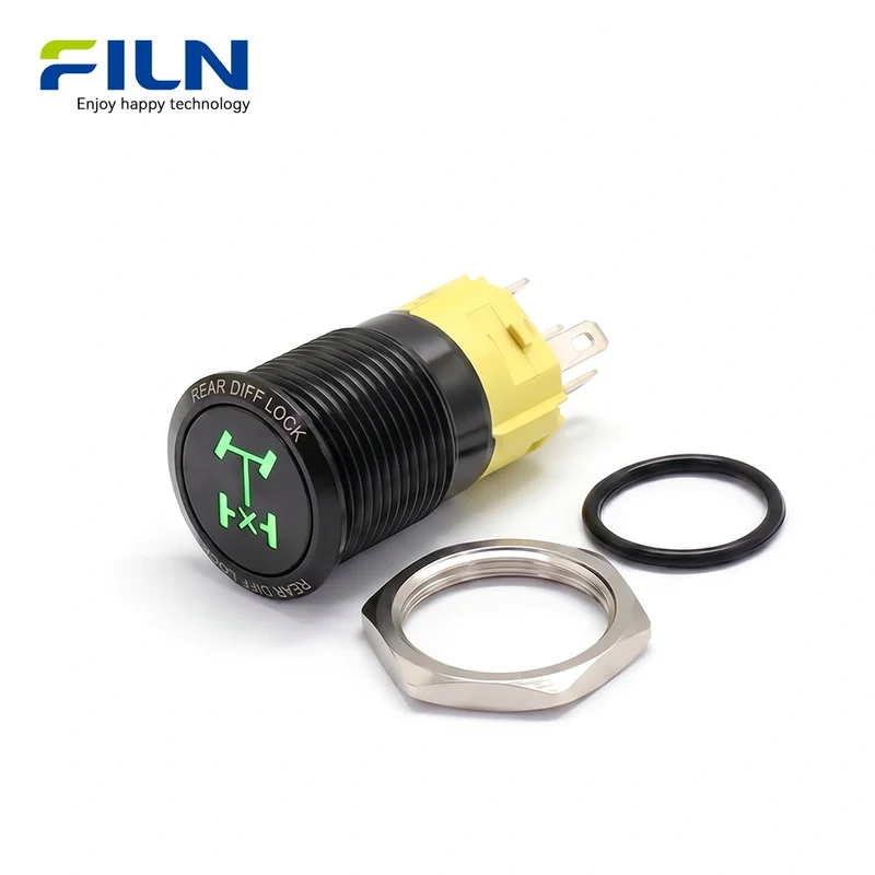 Custom Push Button Diff Lock Symbol Latching 12V 16mm Metal Wire Harness Panel Mount Automotive Marine FILN