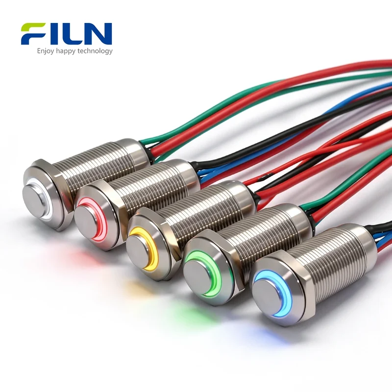 12mm Stainless Steel Push Button Motorcycle Switch LED Ring Momentary Latching 12-220V FILN