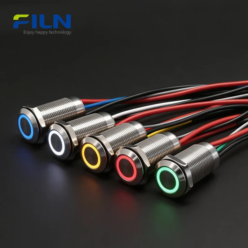 12V LED Push Button Switch 12mm Stainless Steel 15cm Pre-wired Momentary Switch FILN
