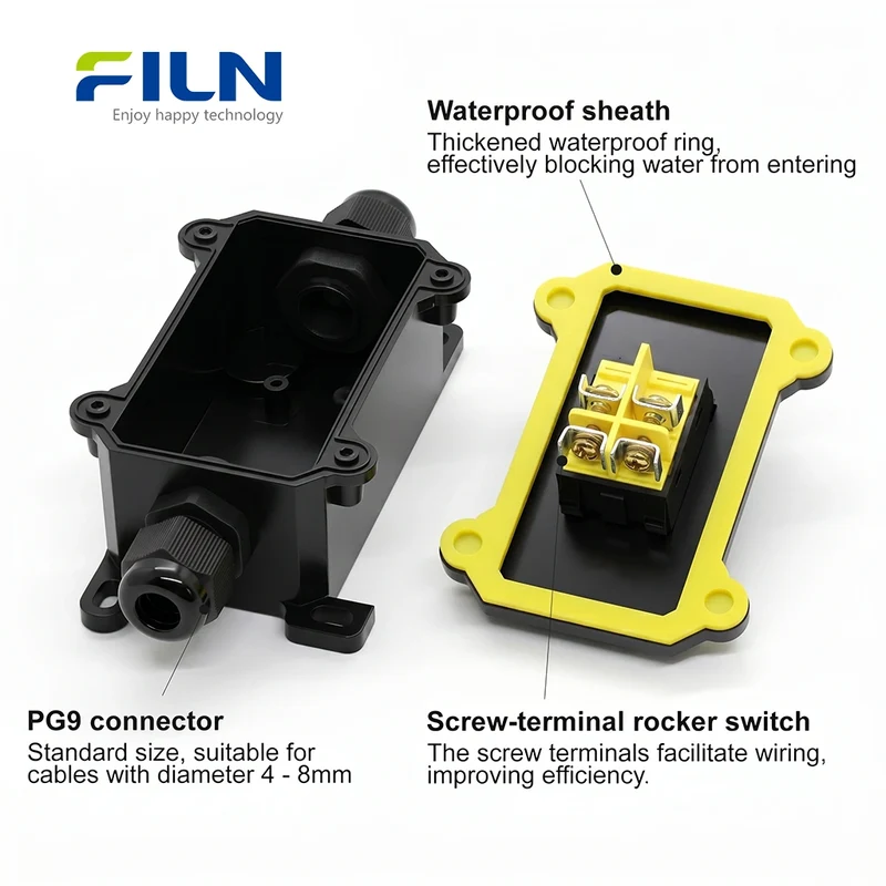 Plastic Junction Box with KCD4 4-Pin 30A Waterproof Rocker Switch FILN Custom IP65