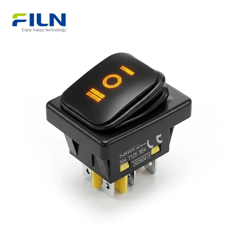 3 Position Rocker Switch ON-OFF-ON Black Painted Surface 30x22mm 30A Waterproof KCD4 6Pin FILN