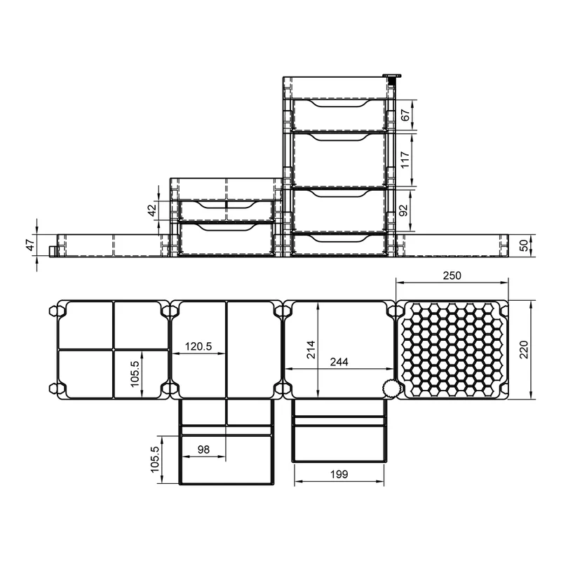 Système de rangement empilable avec bacs et tiroirs