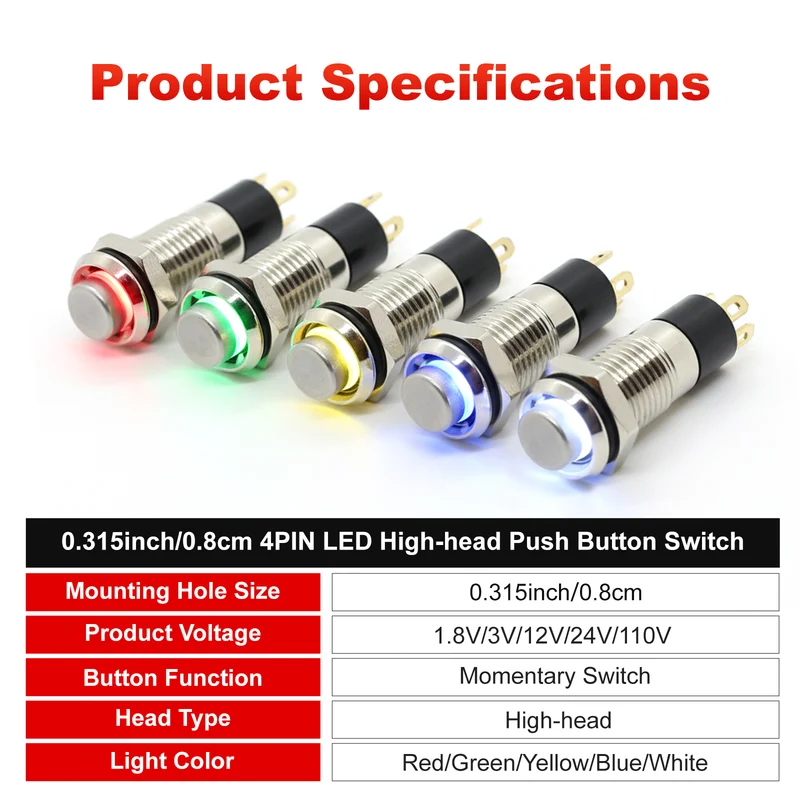 8mm Miniature Push Button Switch | Pre-wired Micro Metal Button | FILN