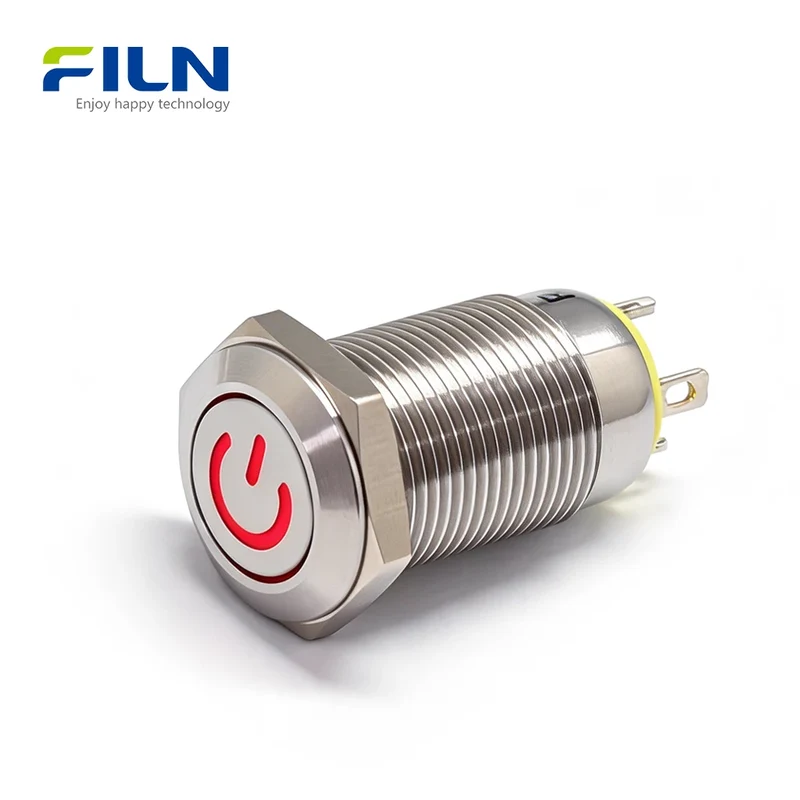 12mm Momentary Push Button Switch with LED Stainless Steel 4-Pin IP65 FILN