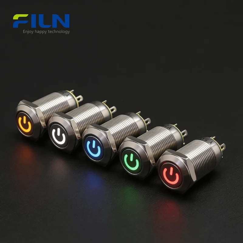 12mm Momentary Push Button Switch with LED Stainless Steel 4-Pin IP65 FILN