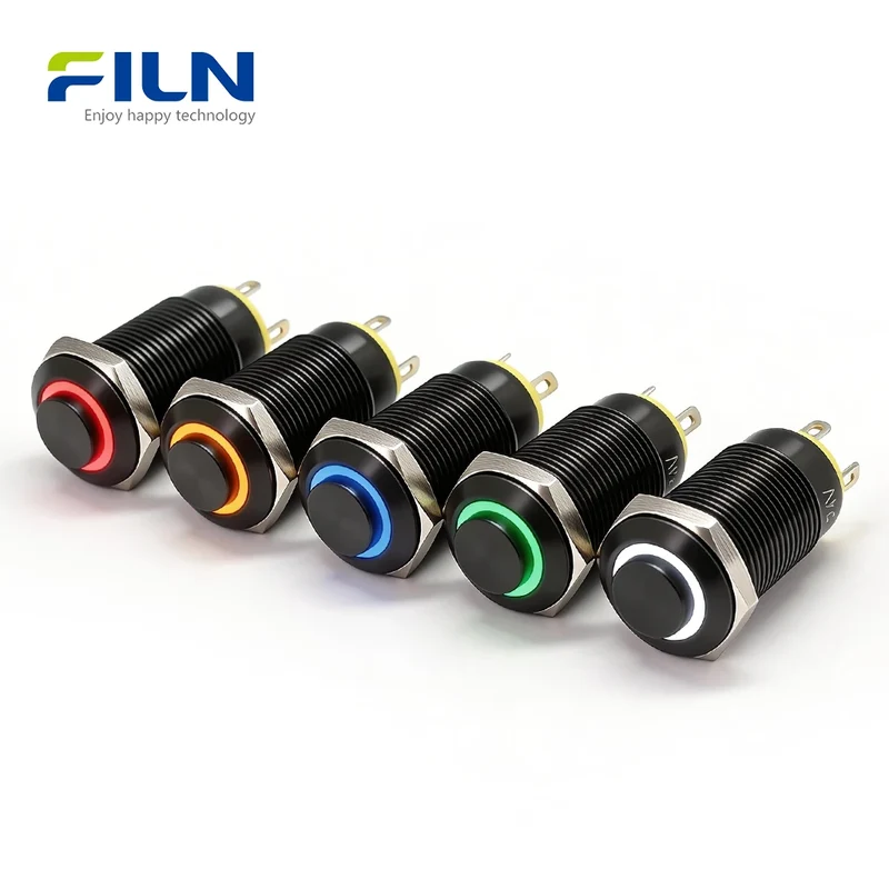 12 Volt Push Button Switch 12mm 304 Stainless Steel 4-PIN LED Ring Button Switch FILN