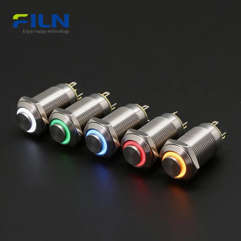 12 Volt Push Button Switch 12mm 304 Stainless Steel 4-PIN LED Ring Button Switch FILN