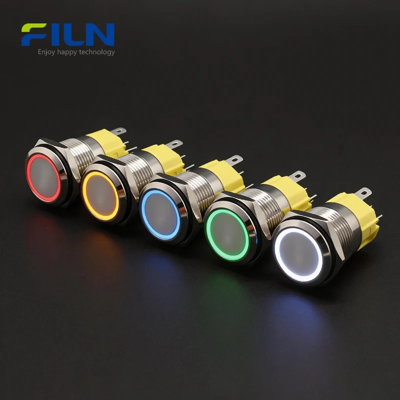 12V Push Button Switch 16mm Stainless Steel 5-Pin LED Ring 16MM LED Switch FILN