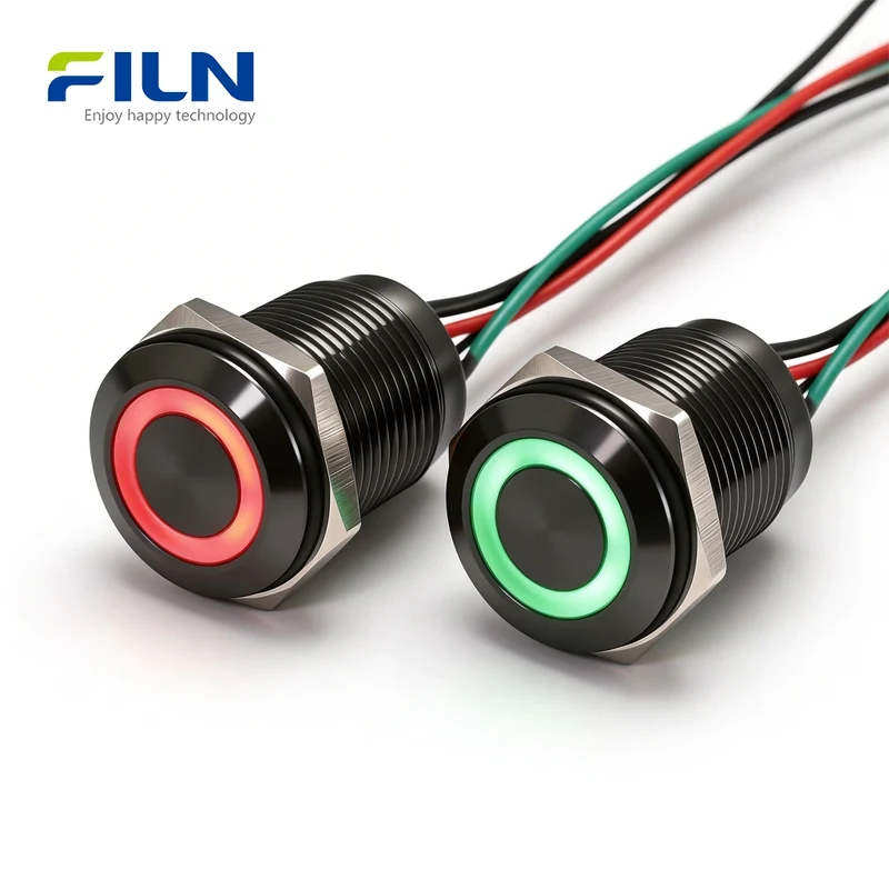 12V Push Button Switches Dual-Color R&G LED Metal Waterproof Momentary Switch FILN