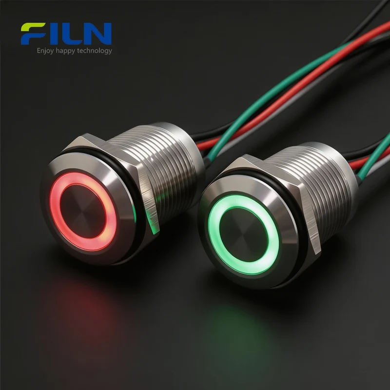 12V Push Button Switches Dual-Color R&G LED Metal Waterproof Momentary Switch FILN