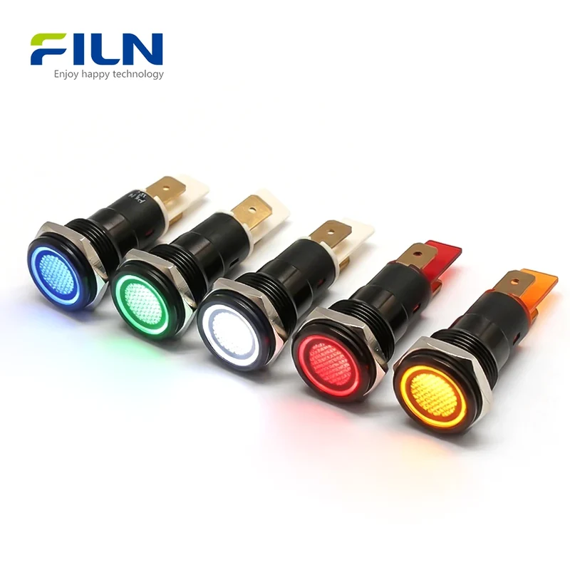 LED Indicator Light 12V Black 16mm Metal Indicator Light Flat Head 2Pin Terminal FILN