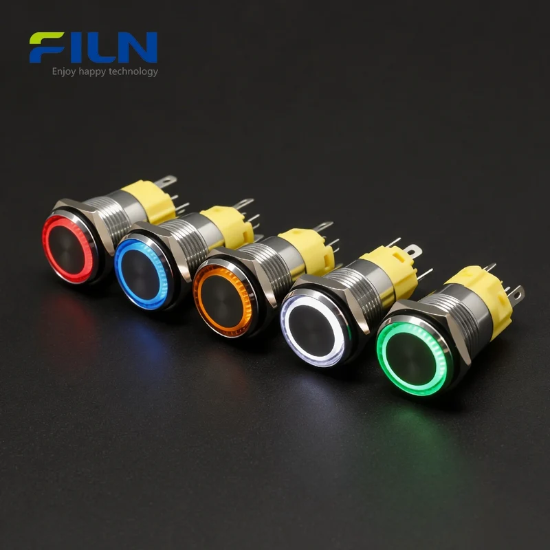 16mm Illuminated Push Button Switches Stainless Steel LED Power Switch 5-PIN Pin Terminal FILN