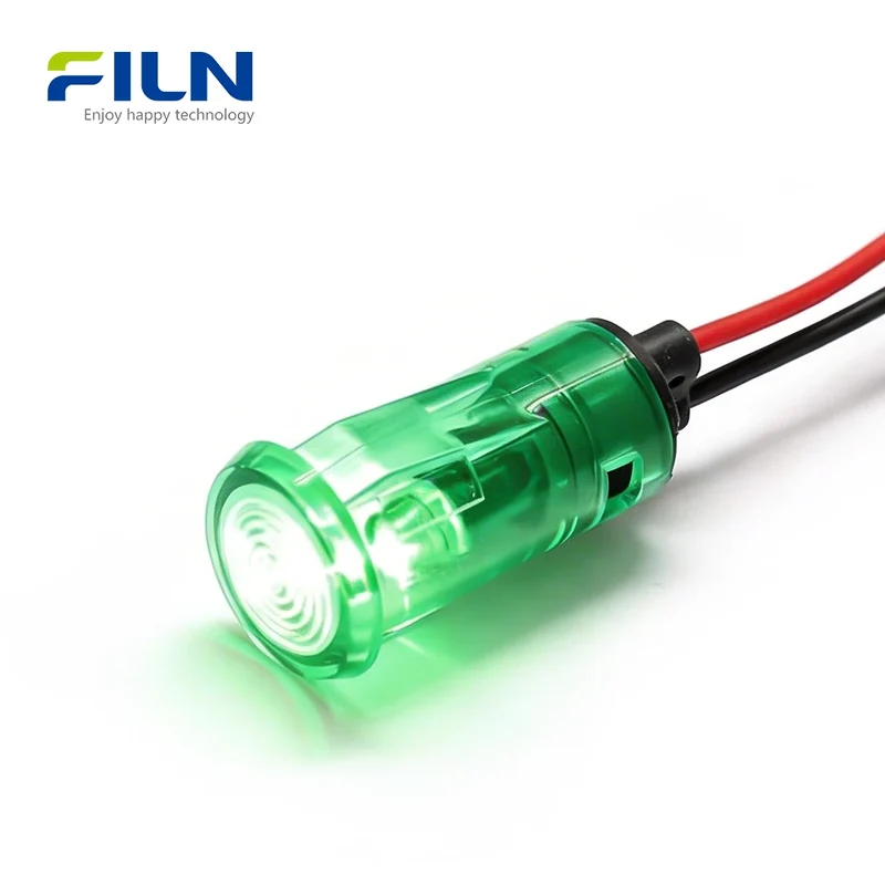 14mm Green Light Indicator Plastic 12V 220V Snap-in Wire Lead for FILN
