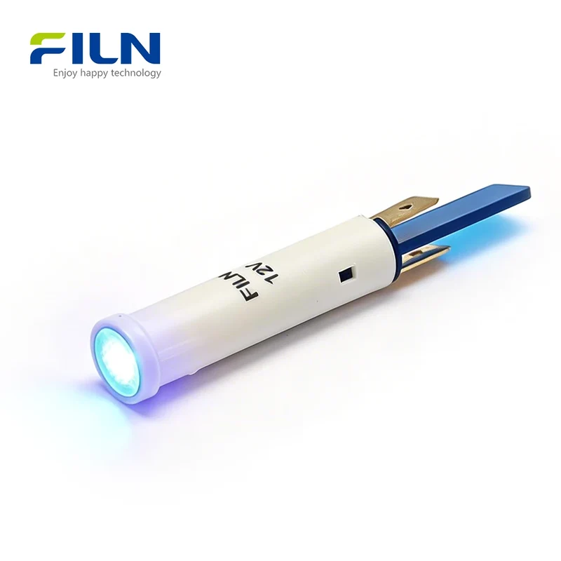 LED Indicator Light 12V 8mm Plastic PA66 Flat Top 2-Pin Snap-in Panel Mount FILN