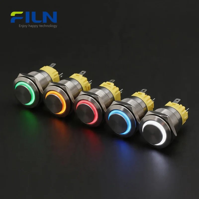 Stainless Steel LED Switch Push Button 5-Pin High Head Ring Light Momentary&Latching | FILN
