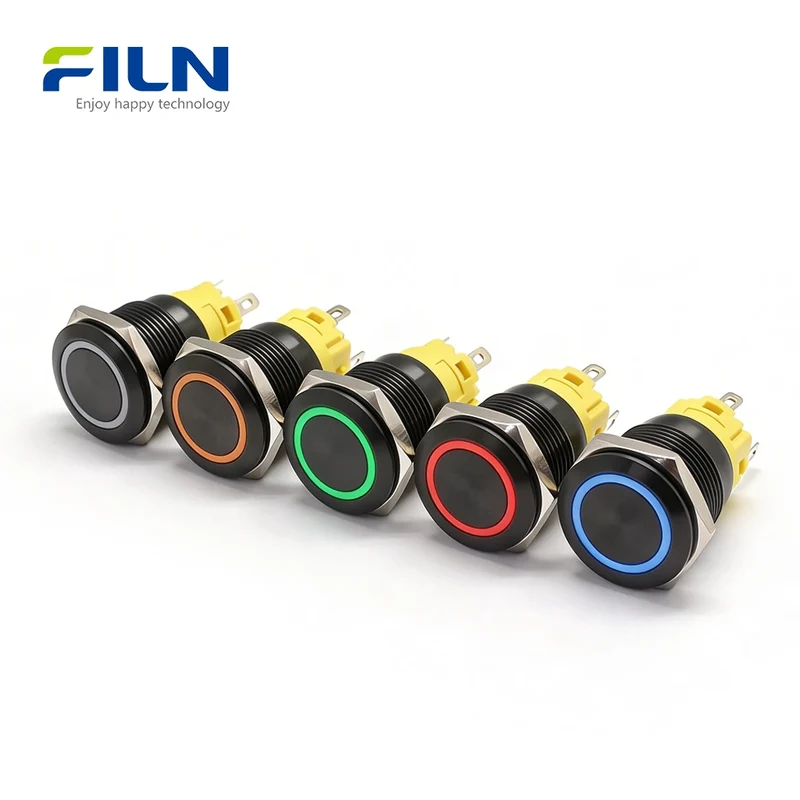 19mm LED Push Button Switch Momentary/Latching Stainless Steel 5-Pin Ring Light | FILN