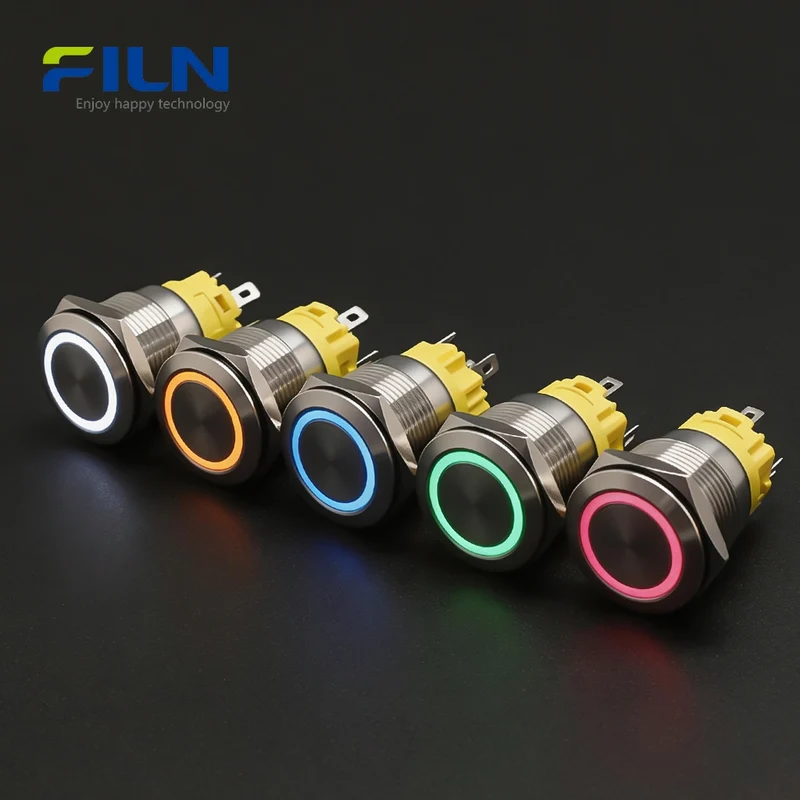 19mm LED Push Button Switch Momentary/Latching Stainless Steel 5-Pin Ring Light | FILN