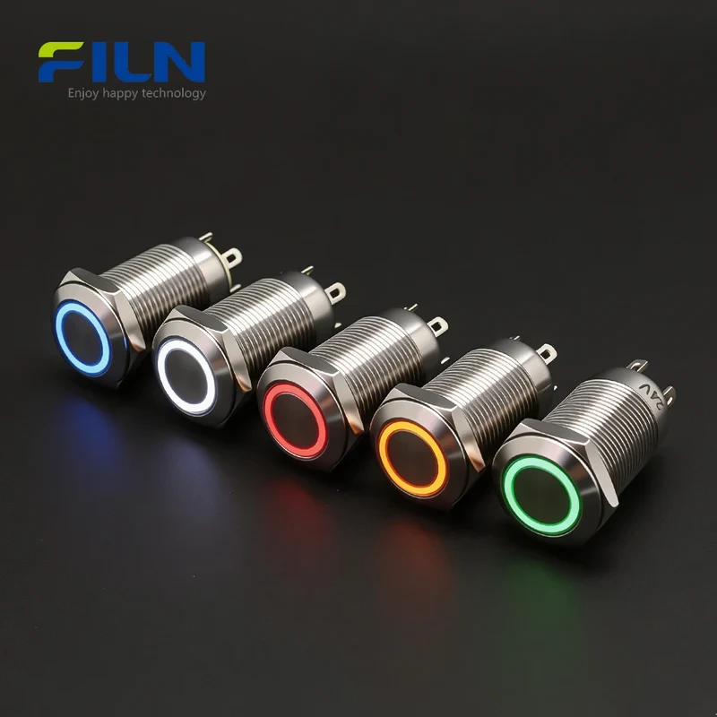 12mm Stainless Steel LED Push Button Switch 12-220V 4-PIN Ring Illuminated FILN