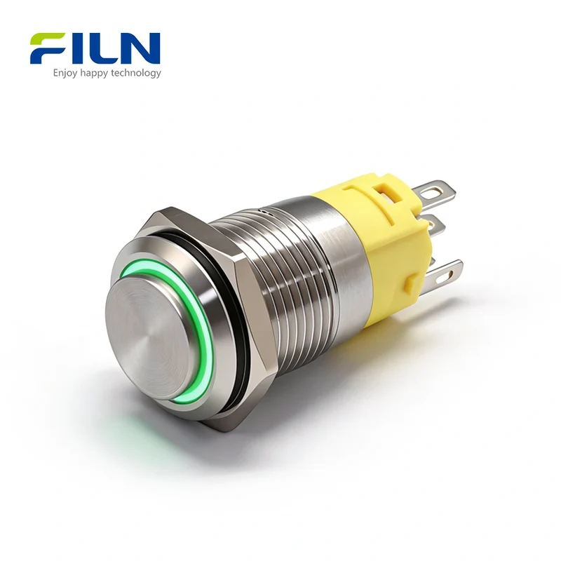 Momentary Push Button Switch 3V-220V 16mm High Head 5-Pin Stainless Steel LED FILN