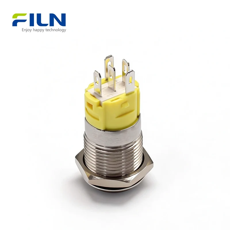 Momentary Push Button Switch 3V-220V 16mm High Head 5-Pin Stainless Steel LED FILN