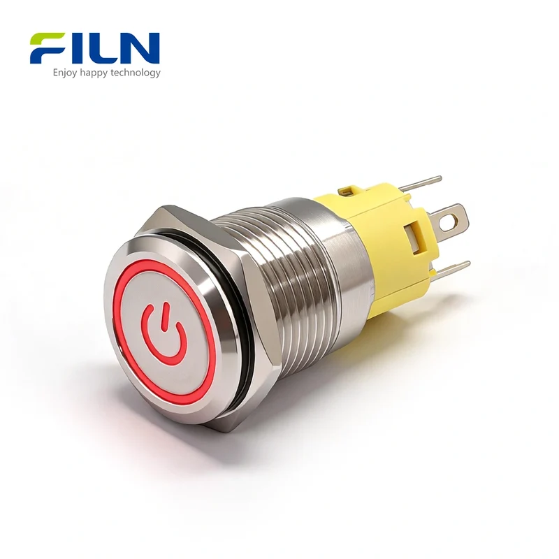 Metal Push Button Switch 12v Ring Power Symbol 16mm LED light 5Pin Terminal FILN