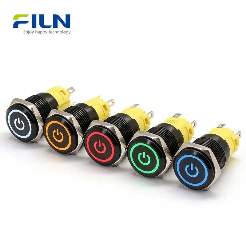 Metal Push Button Switch 12v Ring Power Symbol 16mm LED light 5Pin Terminal FILN