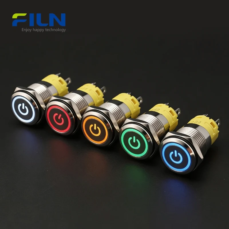 Metal Push Button Switch 12v Ring Power Symbol 16mm LED light 5Pin Terminal FILN