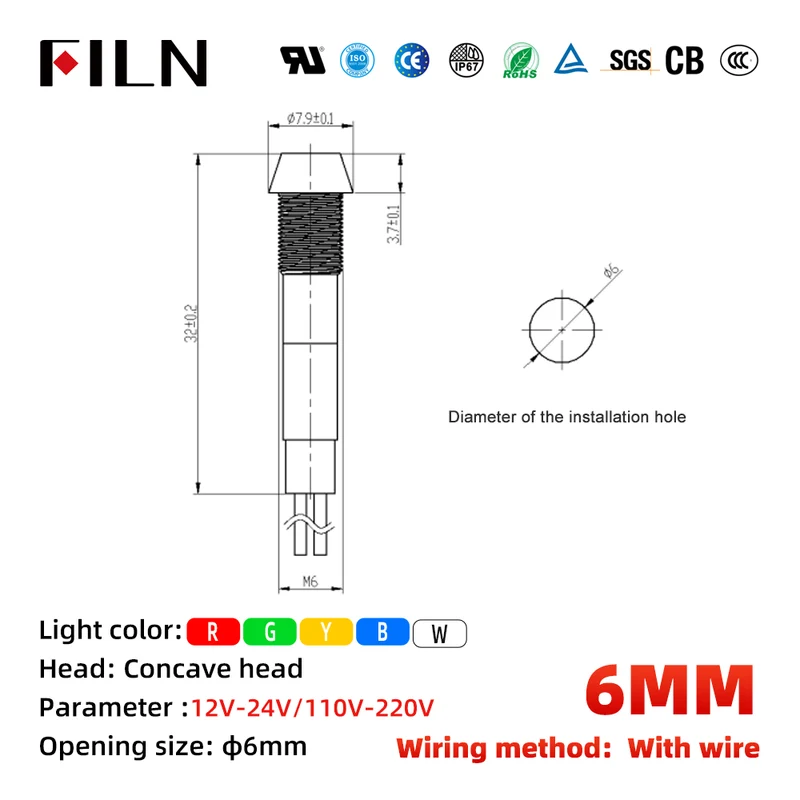 FILN 6MM 12Volt Indicator Light Concave Head Mini LED Indicator Lamp Lights